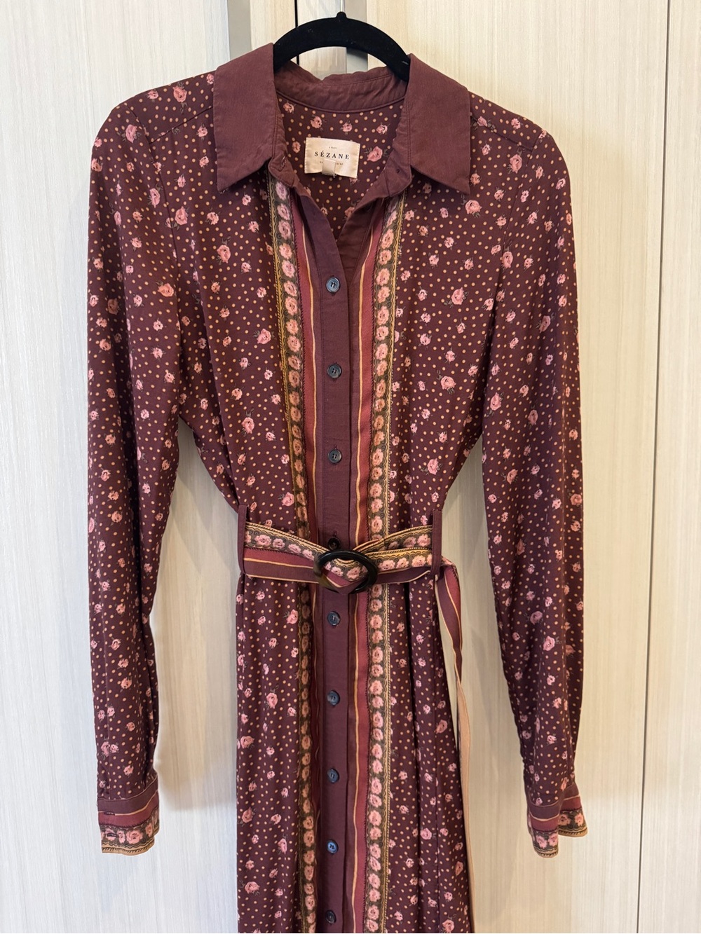 Sezane Long-Sleeve Button-Front Floral Shirt Dress with Belt - Picture 3 of 7